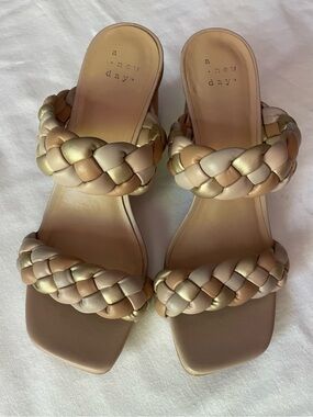 Braided Neutral Metallic Double-Strap Wooden Sandal Heels